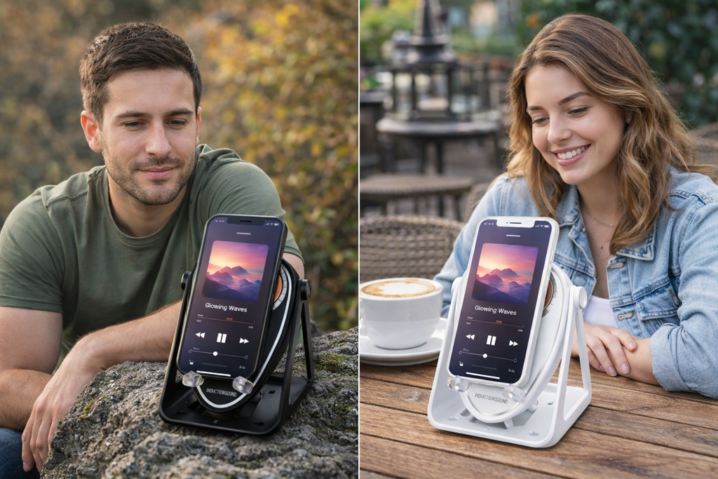 Support Téléphone Enceinte Induction – Son Stéréo & Charge Sans Fil