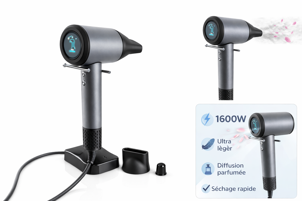 Sèche-Cheveux Parfumant KUCHITE 1600W – Léger, Puissant & Silencieux avec Écran Digital
