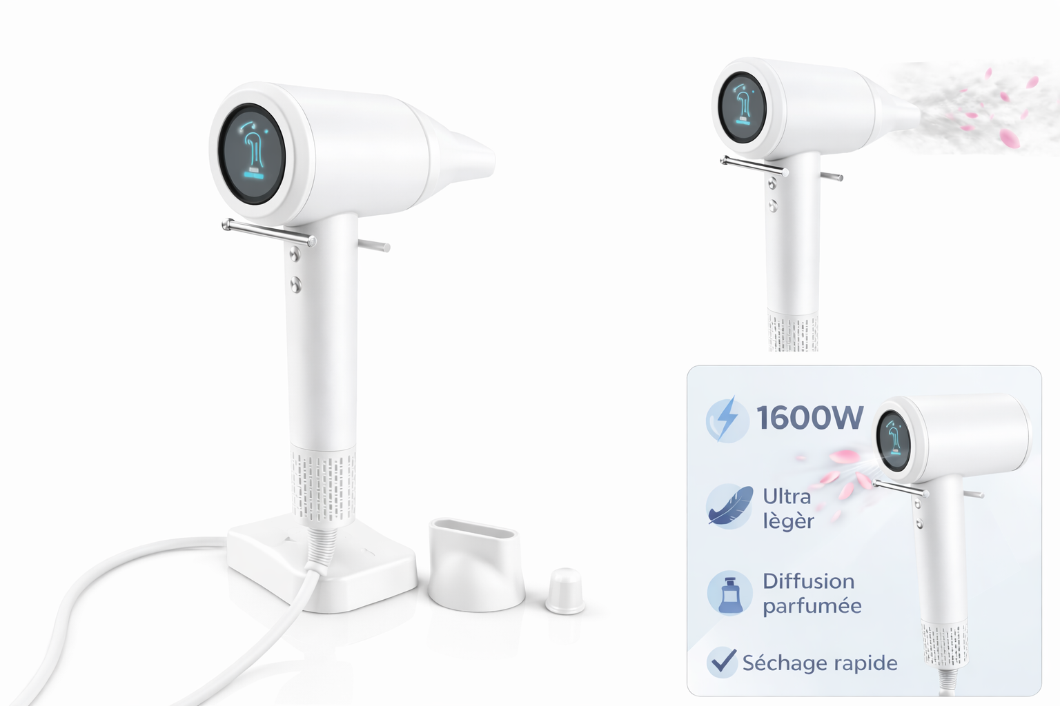 Sèche-Cheveux Parfumant KUCHITE 1600W – Léger, Puissant & Silencieux avec Écran Digital