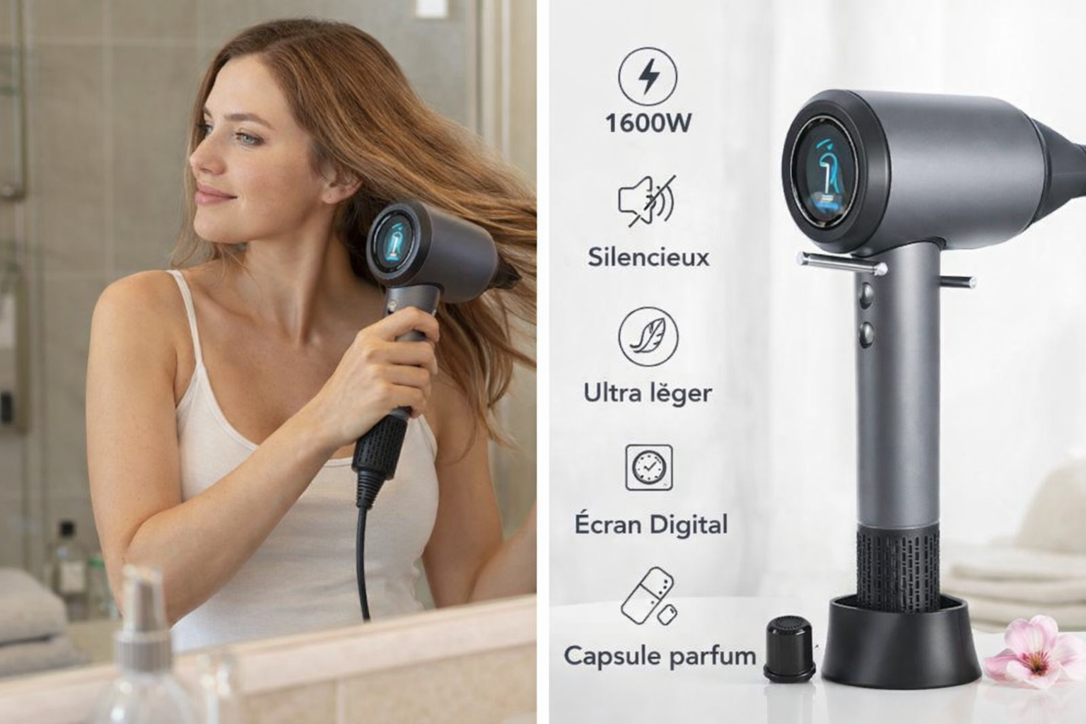 Sèche-Cheveux Parfumant KUCHITE 1600W – Léger, Puissant & Silencieux avec Écran Digital