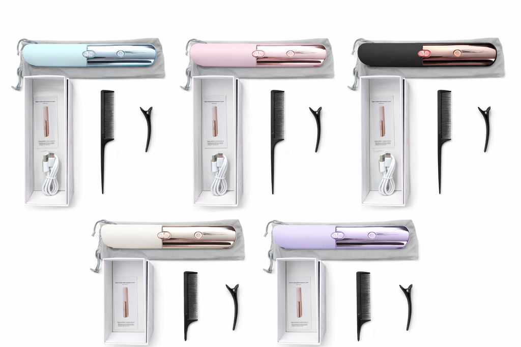 Lisseur sans fil 2-en-1 (lisse & boucle) ultra portable. Chauffe rapide, température réglable et écran digital. Idéal pour les retouches en voyage, au travail ou en voiture.